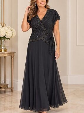 J Kara Black Beaded Wrap Maxi Dress, size 12.
